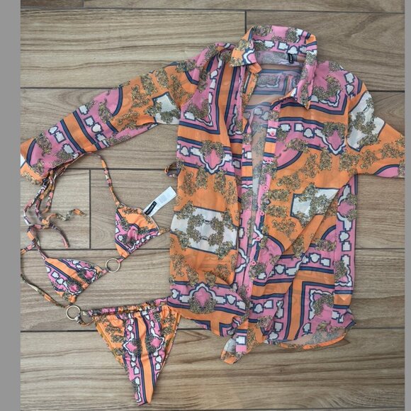 PLT Pink Scarf Print Beach Shirt (size 4) + Bikini top + Bikini bottom (size 2) - Picture 2 of 3